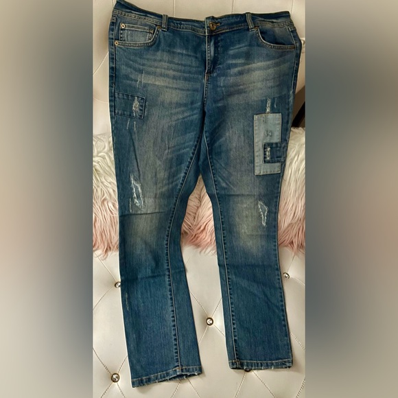 INC International Concepts Blue Medium Wash Patchwork Skinny Jeans Size 16 - Picture 2 of 8